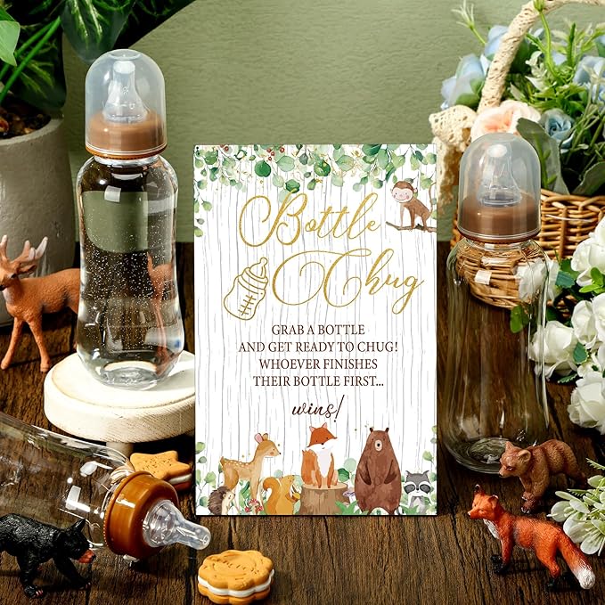 TrelaCo Woodland Animal Cool Baby Shower Games Bottle Chug Sign Wooden Woodland - Image 2