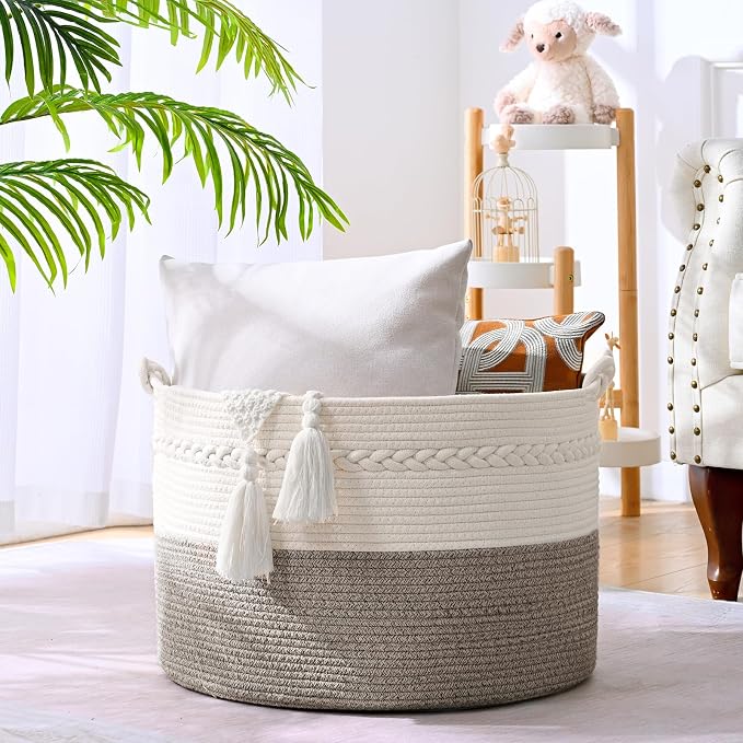 67L Large Blanket Basket, Cotton Rope Blanket Basket Living Room, Baby Laundry - Image 3