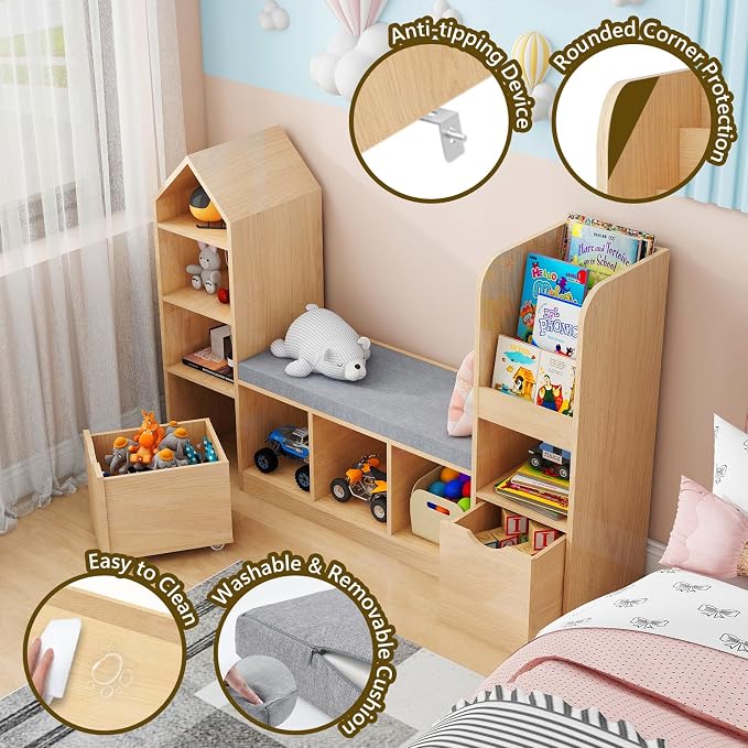 Vabches Kids Bookcase with Reading Nook, Oak Bookshelf with 7 Storage Cubbies & - Image 5