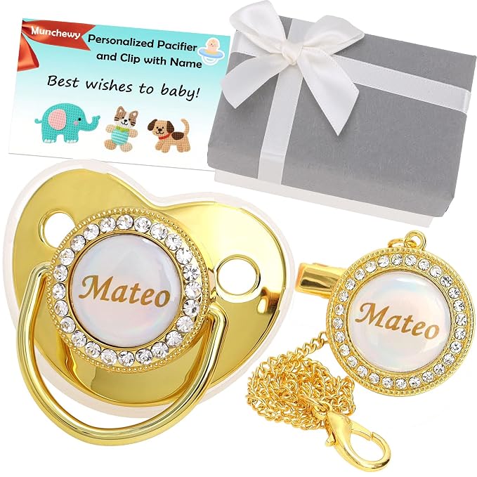 Personalized Pacifier with Name, Bling Gold Pacifier Clip Set with Gift Box by Munchewy