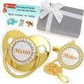 Personalized Pacifier with Name, Bling Gold Pacifier Clip Set with Gift Box by Munchewy