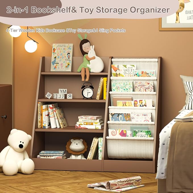 Kids Bookshelf Toy Storage Organizer 4-Tier Wood Book Rack Toddler Bookcase - Image 6