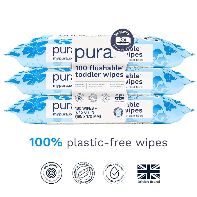 Pura Flushable Toddler Wipes 3 x 60 Wipes, 100% Plastic Free, 99% Water - Image 2
