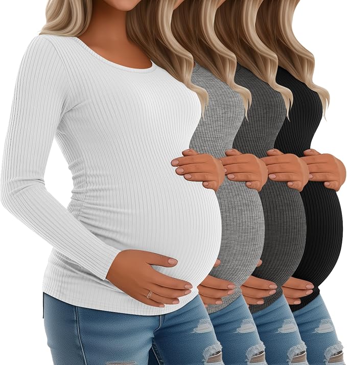 Riyiper 4 Pack Women's Maternity Shirts, Long Sleeve Cotton Ribbed Pregnancy by Riyiper