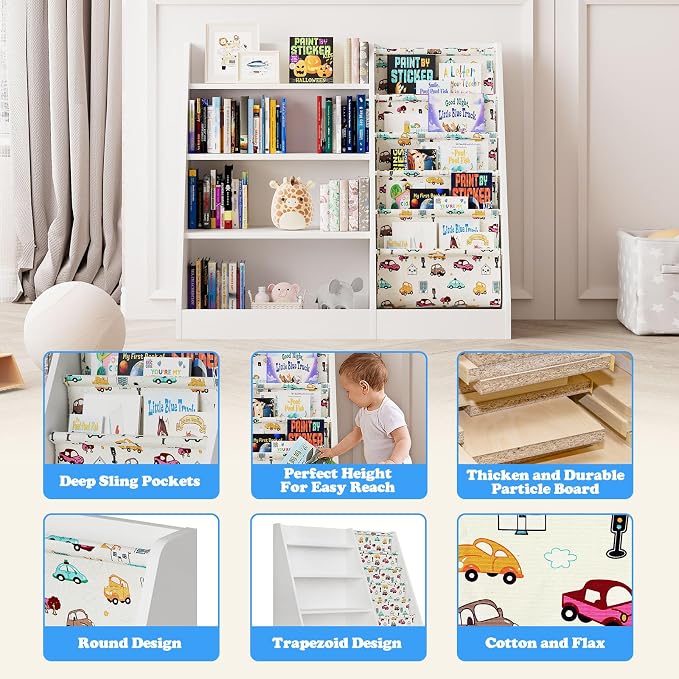4 Tier Kids Wooden Bookshelf, Five Layer Sling Bookcase, Baby Storage Book Rack - Image 4