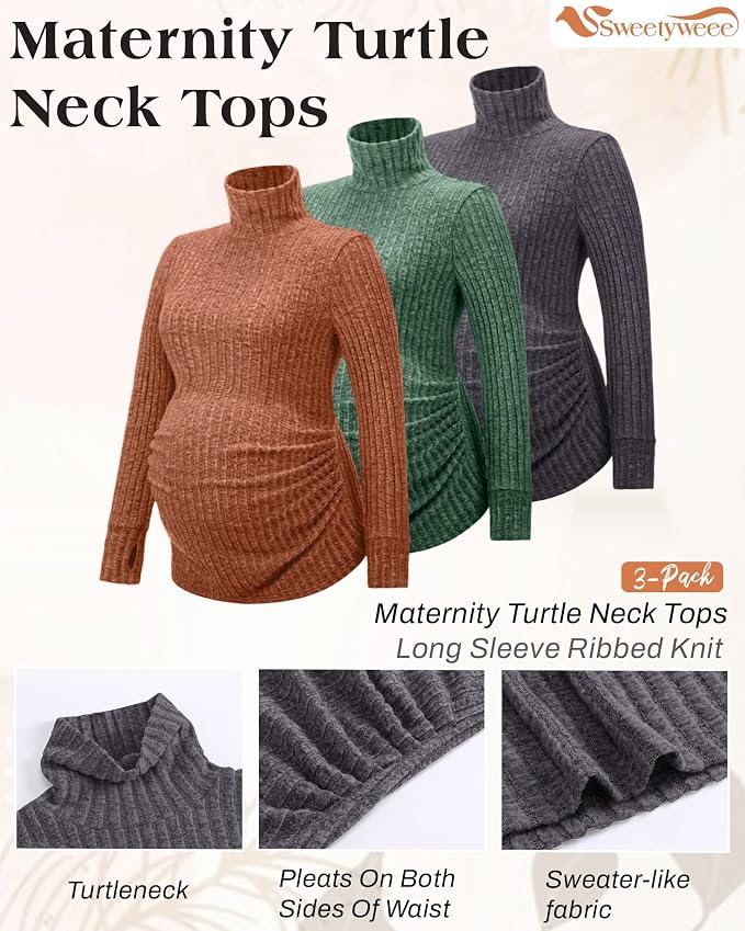 3 Pack Maternity T-Shirts Pregnancy Tops Women Sweater Long Sleeve Turtleneck - Image 3