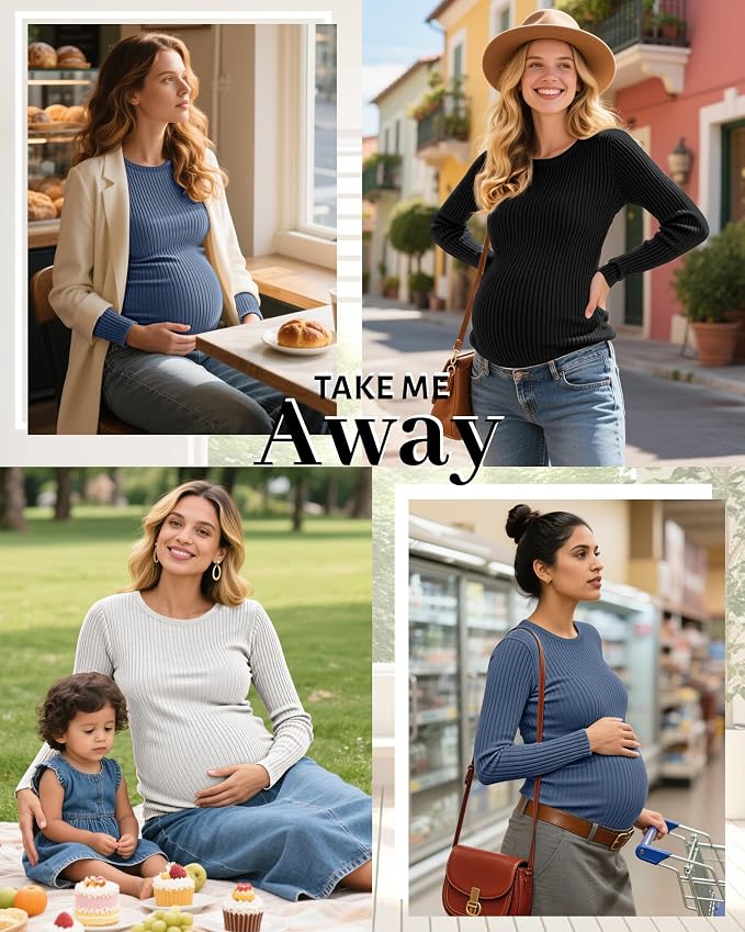 Riyiper 3 Pack Women's Maternity Shirts Long Sleeve Ribbed Knit Pregnancy Tees - Image 5