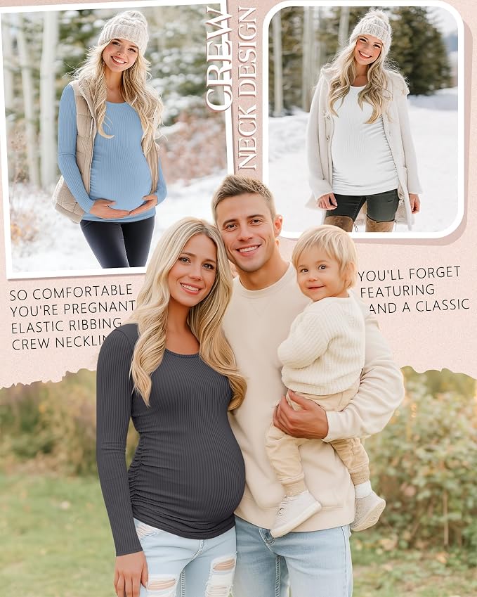 Riyiper 4 Pack Women's Maternity Shirts, Long Sleeve Cotton Ribbed Pregnancy - Image 4