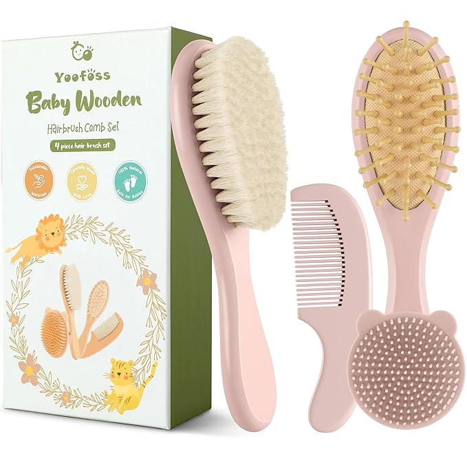 Yoofoss 4 Piece Baby Hair Brush and Comb Set，Wooden Baby Hair Brush by YOOFOSS