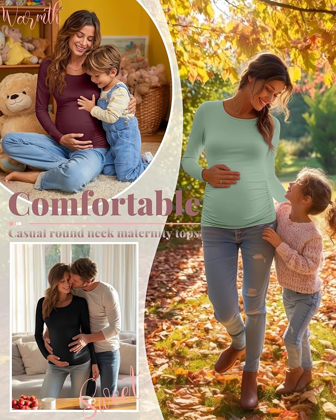 Ficerd 3 Pack Women's Maternity Shirts, Long Sleeve Side Ruched Pregnancy Tee - Image 4