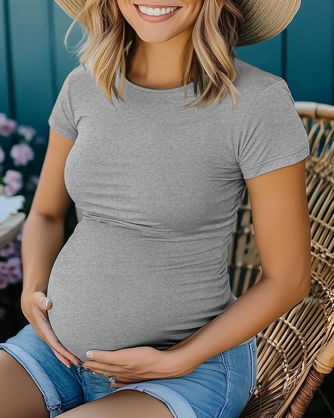 Huukeay 4 Pack Women's Maternity Shirts, Crew Neck Maternity Top Short Sleeve - Image 5