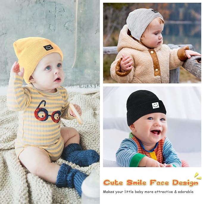 Baby Beanie Hat 3 Packs with Cute Smiley Face, Toddler Girls Boys Baby Hats - Image 5