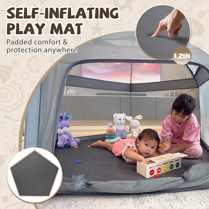 Portable Baby Playpen with Inflatable Mattress & Sunshade, Outdoor Baby Playpen - Image 4