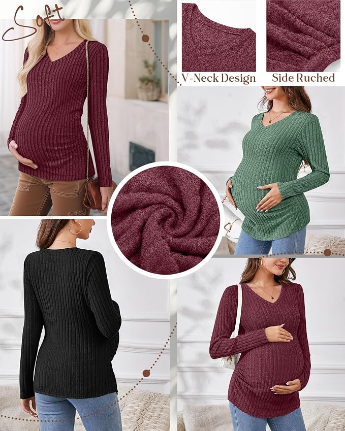 Ficerd 3 Pack Women's Maternity Shirts Ribbed Long Sleeve Pregnancy Tops V Neck - Image 4