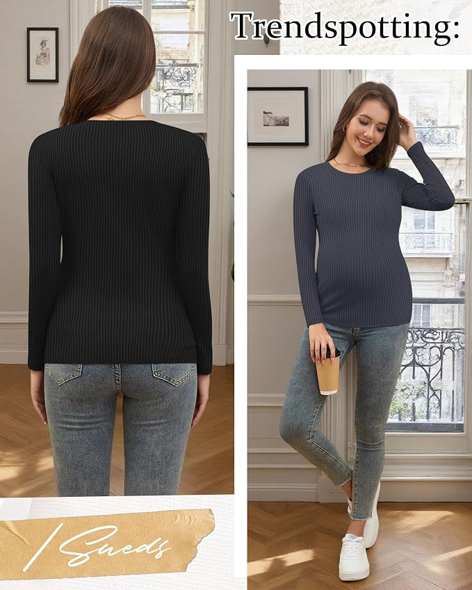 Riyiper 3 Pack Women's Maternity Shirts Long Sleeve Ribbed Knit Pregnancy Tees - Image 4