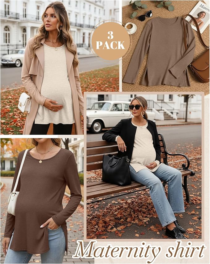 Riyiper 3 Pack Women's Maternity Long Sleeve T-Shirts Round Neck Side Split - Image 4