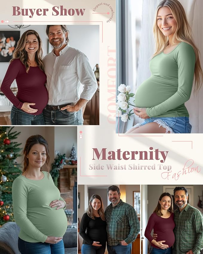 Ficerd 3 Pack Women's Maternity Shirts, Long Sleeve Side Ruched Pregnancy Tee - Image 2