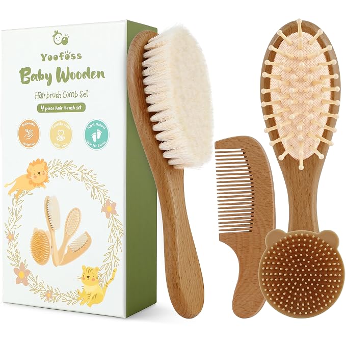 Yoofoss 4 Piece Baby Hair Brush and Comb Set, Wooden Baby Hair Brush by YOOFOSS
