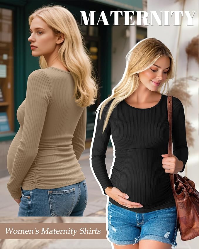 Huukeay 4 Pack Women's Maternity Shirts, Long Sleeve Cotton Ribbed Pregnancy - Image 2