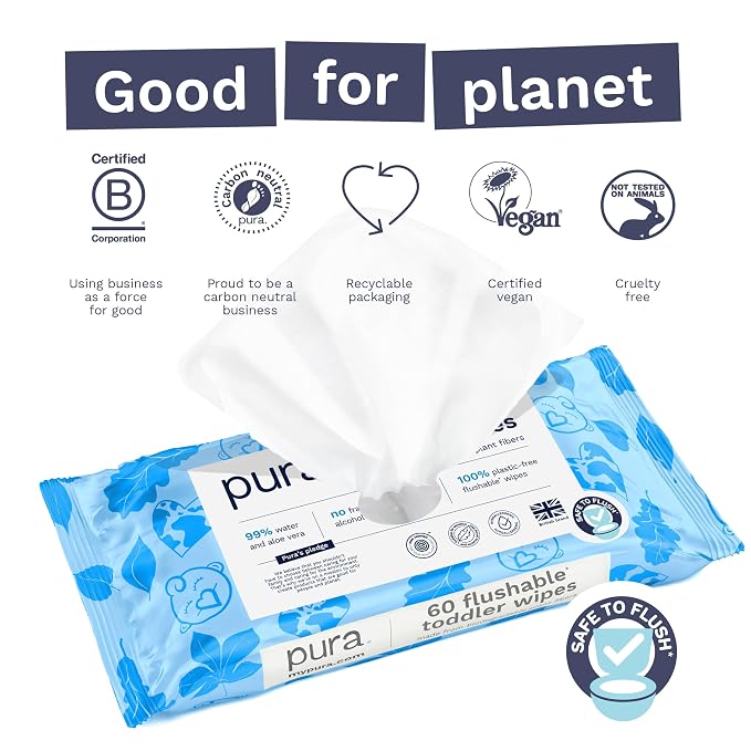 Pura Flushable Toddler Wipes 1 x 60 Wipes, 100% Plastic Free, 99% Water - Image 4