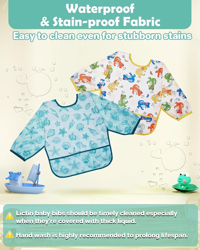 Lictin 3 Packs Baby Bibs for Boy or Girl, Cute Long Sleeve Bib, Waterproof Bibs - Image 3