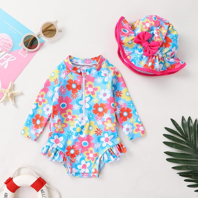 Infant Baby Girl Swimsuit One-Piece Long Sleeve Rash Guard - Image 2