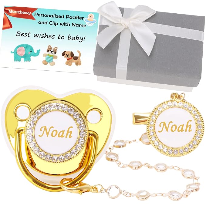 Personalized Pacifier with Name, Custom Pacifier Clip Set with Gift Box by Munchewy