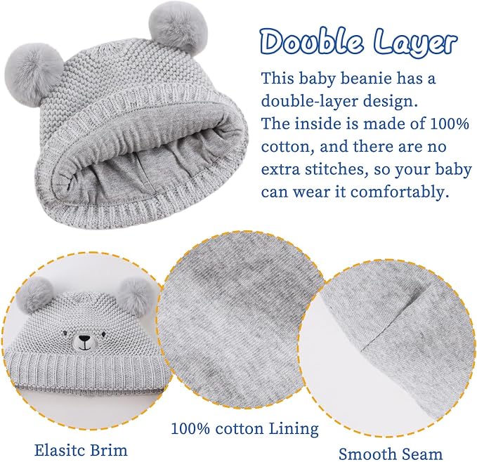 JANGANNSA Cute Bear Baby Beanie Pompom Baby Boys Hat Infant Toddler Winter - Image 4