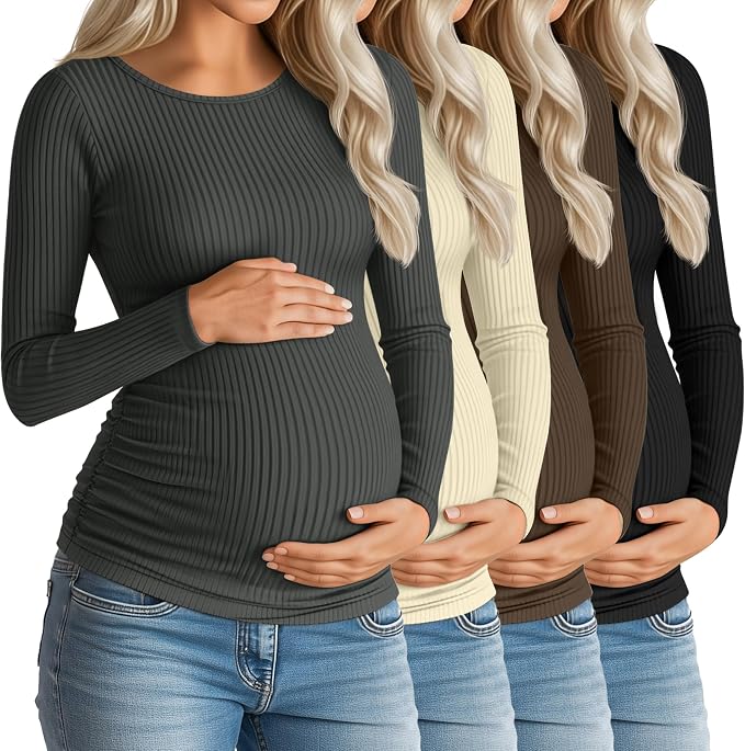 Huukeay 4 Pack Women's Maternity Shirts, Long Sleeve Cotton Ribbed Pregnancy by Huukeay