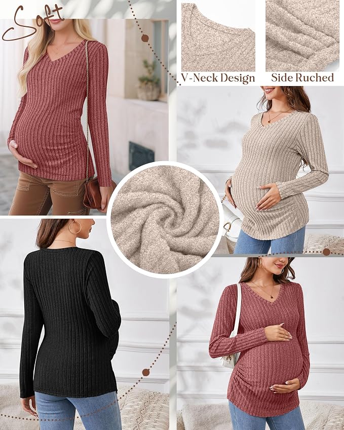 Ficerd 3 Pack Women's Maternity Shirts Ribbed Long Sleeve Pregnancy Tops V Neck - Image 4