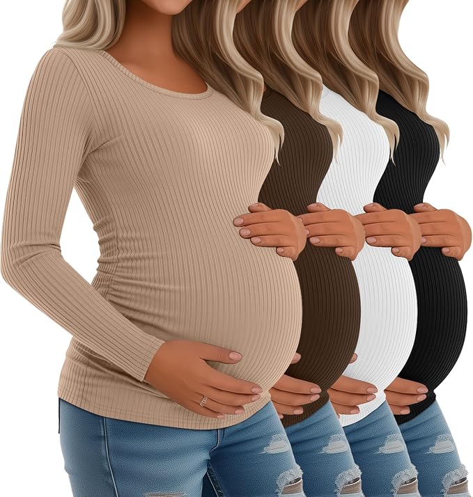 Riyiper 4 Pack Women's Maternity Shirts, Long Sleeve Cotton Ribbed Pregnancy by Riyiper