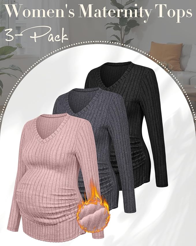 Ficerd 3 Pack Women's Maternity Shirts Ribbed Long Sleeve Pregnancy Tops V Neck - Image 3