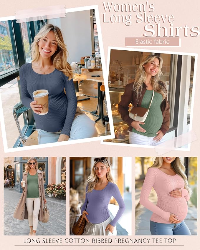 Riyiper 4 Pack Women's Maternity Shirts, Long Sleeve Cotton Ribbed Pregnancy - Image 2