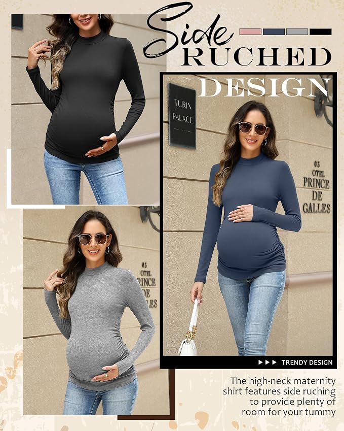 4 Packs Womens Maternity Shirts Long Sleeve Cotton Ribbed Pregnancy Mock Neck - Image 5