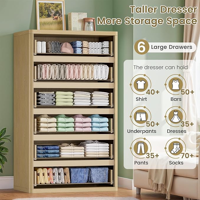 Fluted 6 Drawers Dresser for Bedroom, Wooden Dressers Drawer Closet Clothes - Image 3