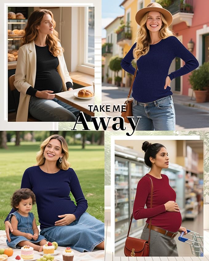 Riyiper 3 Pack Women's Maternity Shirts Long Sleeve Ribbed Knit Pregnancy Tees - Image 5