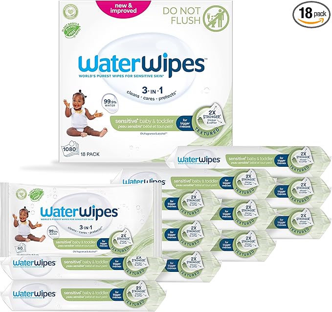 WaterWipes Sensitive+ Baby & Toddler Wipes, 3-In-1 Cleans, 99.9% Water by WaterWipes
