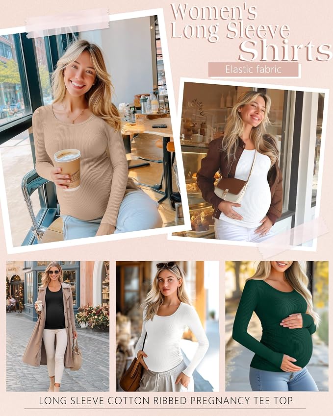 Riyiper 4 Pack Women's Maternity Shirts, Long Sleeve Cotton Ribbed Pregnancy - Image 2