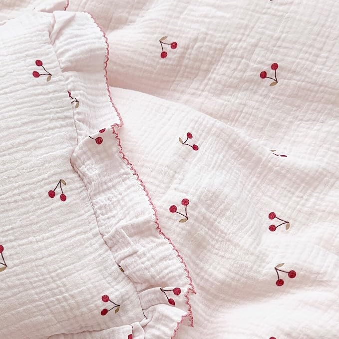BuLuTu Cotton Muslin Ruffle Edge Kids Toddler Pillowcase Standard, Cherry - Image 6