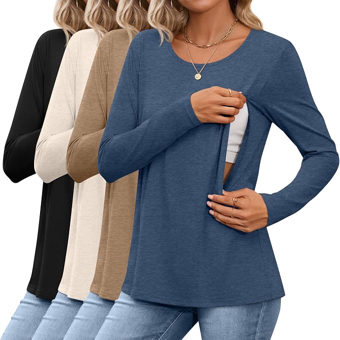 4 Pack Women's Cotton Nursing Tops, Breastfeeding Maternity by Oakgarden