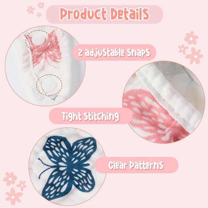 Zainpe 6Pcs Snap Muslin Cotton Baby Bibs Spring Butterflies Flowers Bib - Image 3