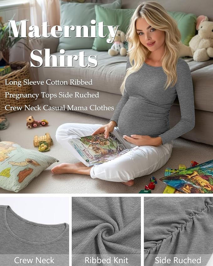 Huukeay 4 Pack Women's Maternity Shirts, Long Sleeve Cotton Ribbed Pregnancy - Image 5
