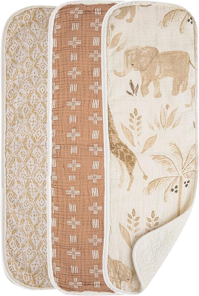Crane Baby Muslin Baby Burp Cloths Set of 3, Safari Animal Print, 100% Cotton by CraneBaby