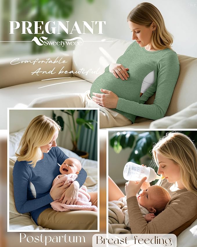 4 Pack Women's Nursing Breastfeeding Tops, Long Sleeve Maternity Shirts Loose - Image 2