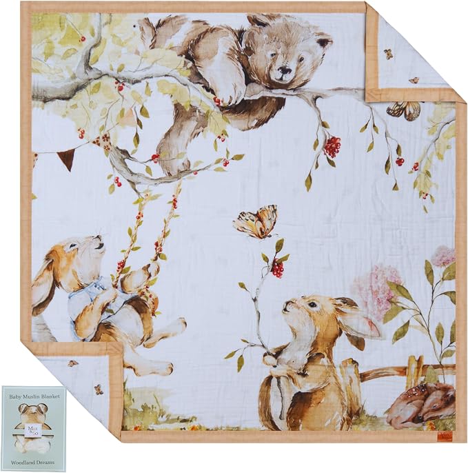 Baby Muslin Woodland Blanket – Reversible Cotton Muslin Baby Quilt, 48x48 by MaxSo
