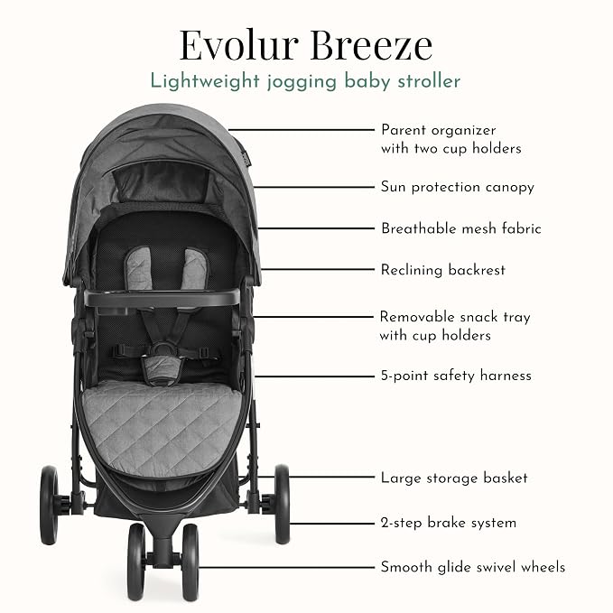 Evolur Breeze Stroller in Grey, Adjustable Backrest & Canopy, Compact Fold - Image 4