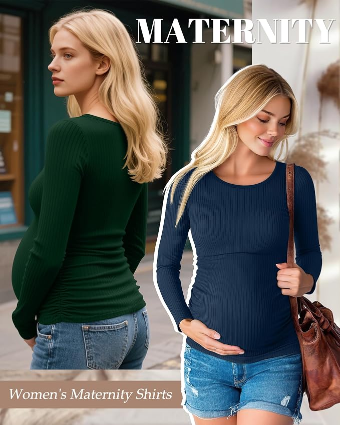 Huukeay 4 Pack Women's Maternity Shirts, Long Sleeve Cotton Ribbed Pregnancy - Image 2