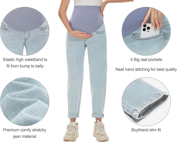 POSHGLAM Women's Maternity Jeans Over Belly Comfy Stretch 28'' Boyfriend Jeans - Image 2