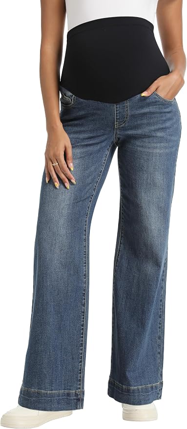 Foucome Women's Maternity Jeans Wide Leg Trendy Comfy Stretchy Straight Leg - Image 4