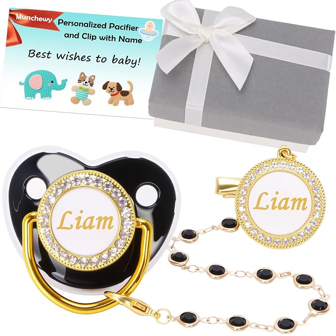 Custom Pacifier with Name, Personalized Pacifier Clip Set with Gift Box by Munchewy